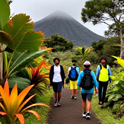 Caribbean Holidays, Martinique Walking, Walkers climbing a forest trail on Mount Pel&eacute;e in Martinique, with misty volcanic slopes and tropical plants in October