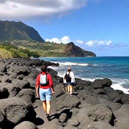Caribbean Holidays, Martinique Walking, Walkers exploring a rugged Martinique coastline near Anse Couleuvre, with volcanic rocks, turquoise water and tropical hills