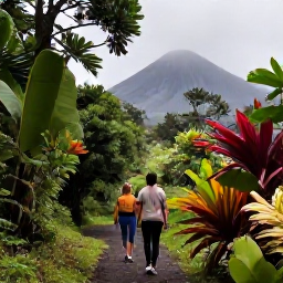 Caribbean Holidays, Martinique Walking, Walkers on a lush rainforest trail near Mount Pel&eacute;e in Martinique, with misty volcanic scenery and tropical plants