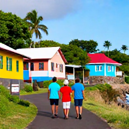 Caribbean Holidays, Martinique Walking, Walkers relaxing at a colourful Martinique beach village after a hike, with Creole houses, local food and Caribbean scenery