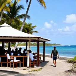 Caribbean Holidays, Martinique Walking, Walkers relaxing at a small Martinique beachside restaurant after a hike, with Creole food, tropical scenery and calm sea