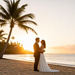 Caribbean Holidays, Martinique Weddings, A happy newlywed couple enjoying a sunset on a Martinique beach, with warm golden light and palm trees