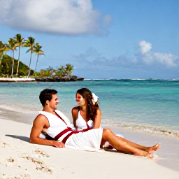 Caribbean Holidays, Martinique Weddings, A happy newlywed couple relaxing on a Martinique beach after their wedding, with clear water, palm trees and a peaceful tropical atmosphere