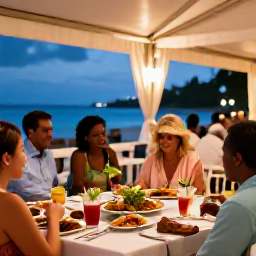 Caribbean Holidays, Martinique Weddings, A Martinique wedding reception at a beachfront restaurant, with local food, tropical drinks and guests enjoying the evening