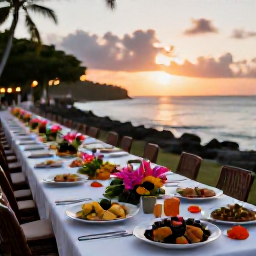Caribbean Holidays, Martinique Weddings, A Martinique wedding reception with a long table, tropical flowers, local dishes and sunset views over the sea