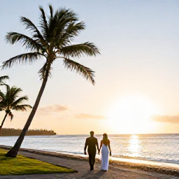 Caribbean Holidays, Martinique Weddings, A newly married couple walking along a quiet Martinique beach at sunset, with palm trees, warm light and the Caribbean Sea