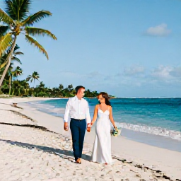 Caribbean Holidays, Martinique Weddings, A newly married couple walking along a quiet Martinique beach in warm April sunshine, with turquoise sea and palm trees