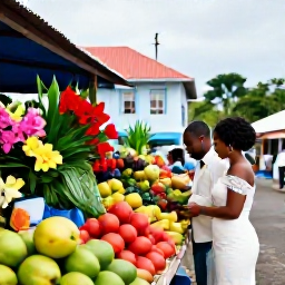 Caribbean Holidays, Martinique Weddings, A newlywed couple exploring a colourful Martinique market, with tropical fruit, flowers and traditional Creole buildings