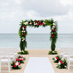 Caribbean Holidays, Martinique Weddings, An elegant beach wedding ceremony in Martinique with white chairs, tropical flowers and a calm Caribbean sea