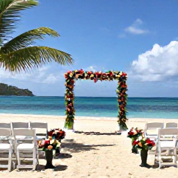 Caribbean Holidays, Martinique Weddings, An elegant outdoor wedding ceremony on a Martinique beach, with white chairs, tropical flowers and views across the sea