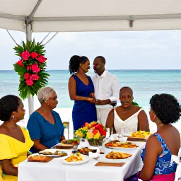 Caribbean Holidays, Martinique Weddings, Bride and groom celebrating with family at a Martinique reception, colourful local food, tropical flowers and a sea view