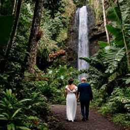 Caribbean Holidays, Martinique Weddings, Couple exploring Martinique after their wedding, walking beside a lush rainforest trail near a waterfall