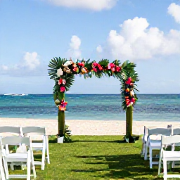 Caribbean Holidays, Martinique Weddings, Elegant outdoor wedding ceremony at a Martinique beach resort, decorated with tropical flowers and overlooking the Caribbean Sea