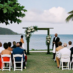 Caribbean Holidays, Martinique Weddings, Elegant outdoor wedding ceremony beside the sea in Martinique, with simple white chairs, tropical greenery and guests in summer clothing
