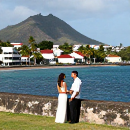 Caribbean Holidays, Martinique Weddings, Happy wedding couple exploring Fort-de-France and the Martinique coastline, colourful buildings, hills and tropical scenery
