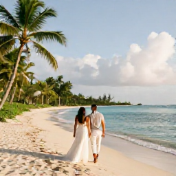 Caribbean Holidays, Martinique Weddings, Newly married couple walking along a sunny Martinique beach in January, with turquoise water, palm trees and gentle morning light