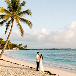 Caribbean Holidays, Martinique Weddings, Newlywed couple on a quiet Martinique beach at golden hour, with turquoise water, palm trees and soft July light