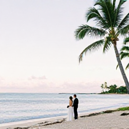 Caribbean Holidays, Martinique Weddings, Newlywed couple on a quiet Martinique beach in November, with turquoise water, palm trees and soft morning light