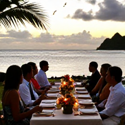 Caribbean Holidays, Martinique Weddings, Romantic Martinique wedding dinner beside the sea at sunset, with candles, tropical flowers and relaxed guests