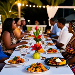 Caribbean Holidays, Martinique Weddings, Wedding guests enjoying a stylish outdoor reception in Martinique, colourful local dishes, tropical flowers and warm evening lights