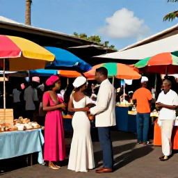 Caribbean Holidays, Martinique Weddings, Wedding guests exploring a colourful Martinique market and enjoying a sunny Caribbean holiday together