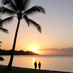 Caribbean Holidays, Martinique Wellness, A calm February sunset over a Martinique bay, with warm light on the sea, silhouettes of palm trees and a peaceful couple watching the horizon