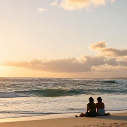Caribbean Holidays, Martinique Wellness, A calm Martinique beach at sunset with soft golden light, gentle waves and a couple sitting quietly near the shoreline