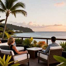 Caribbean Holidays, Martinique Wellness, A couple relaxing on a Martinique terrace overlooking the sea in November, with comfortable chairs, tropical plants and warm evening light