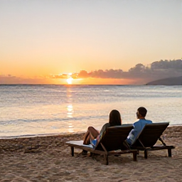 Caribbean Holidays, Martinique Wellness, A couple relaxing on a quiet Martinique beach at sunset, with comfortable loungers, calm sea and warm evening light