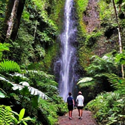 Caribbean Holidays, Martinique Wellness, A lush Martinique rainforest path with a small waterfall, tropical foliage and two visitors taking a peaceful nature walk