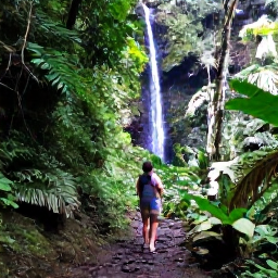 Caribbean Holidays, Martinique Wellness, A lush Martinique rainforest trail with a small waterfall, tropical plants and a visitor walking peacefully through the landscape