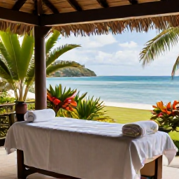 Caribbean Holidays, Martinique Wellness, A peaceful spa setting in Martinique with an open-air treatment area, tropical plants, soft towels and views towards the sea