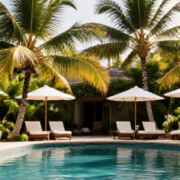 Caribbean Holidays, Martinique Wellness, A peaceful tropical spa setting in Martinique with lush palms, warm natural light and a calm pool
