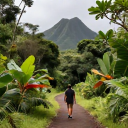 Caribbean Holidays, Martinique Wellness, A peaceful tropical trail in northern Martinique with lush rainforest, volcanic scenery and a traveller walking calmly among the greenery