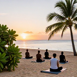 Caribbean Holidays, Martinique Wellness, A peaceful yoga session on a Martinique beach at sunrise, with mats on the sand, tropical greenery and calm Caribbean sea