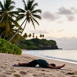 Caribbean Holidays, Martinique Wellness, A person enjoying a gentle yoga session on a Martinique beach at sunrise, with tropical greenery and calm sea in the background
