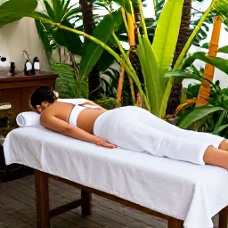 Caribbean Holidays, Martinique Wellness, A relaxed outdoor spa or massage setting in Martinique surrounded by tropical plants, with natural oils and a calm Caribbean atmosphere