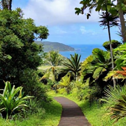Caribbean Holidays, Martinique Wellness, A scenic green Martinique walking trail through tropical vegetation with views towards the coast and distant hills