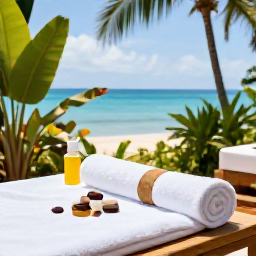 Caribbean Holidays, Martinique Wellness, A serene Martinique spa setting with natural treatment oils, tropical plants, soft towels and views of the Caribbean Sea