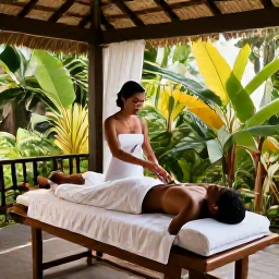 Caribbean Holidays, Martinique Wellness, A traditional wellness treatment in Martinique using natural oils in a peaceful open-air spa surrounded by tropical plants