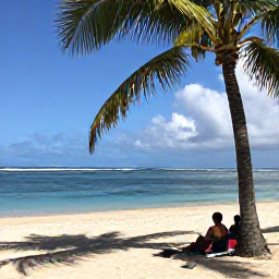 Caribbean Holidays, Martinique Wellness, A tranquil Martinique beach in August with calm turquoise water, palm trees and a visitor relaxing beneath natural shade
