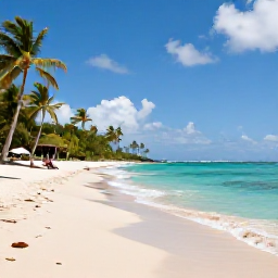Caribbean Holidays, Martinique Wellness, A tranquil Martinique beach in November with calm turquoise water, soft sand, palm trees and a peaceful wellness holiday atmosphere
