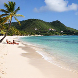 Caribbean Holidays, Martinique Wellness, Anse Dufour beach in Martinique with clear water, pale sand, green hills and a couple relaxing beneath a palm tree