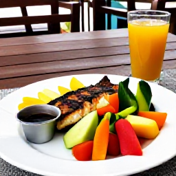 Caribbean Holidays, Martinique Wellness, Colourful healthy Caribbean meal in Martinique with fresh fruit, vegetables, grilled fish and a glass of local juice on a shaded terrace