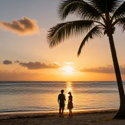 Caribbean Holidays, Martinique Wellness, Couple watching a warm sunset from a Martinique beach, calm sea, palm silhouettes and relaxed tropical evening atmosphere