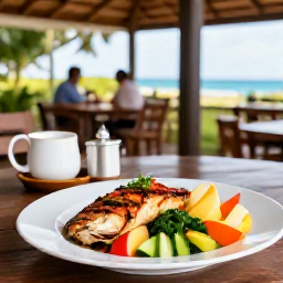 Caribbean Holidays, Martinique Wellness, Healthy colourful Martinique lunch with grilled fish, tropical fruit and fresh vegetables on a shaded restaurant terrace