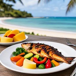 Caribbean Holidays, Martinique Wellness, Healthy Creole meal in Martinique with grilled fish, colourful vegetables, tropical fruit and ocean view