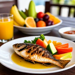 Caribbean Holidays, Martinique Wellness, Healthy Martinique lunch with fresh tropical fruit, colourful vegetables and grilled fish on a shaded terrace
