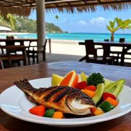Caribbean Holidays, Martinique Wellness, Healthy Martinique lunch with grilled fish, colourful tropical vegetables and fresh fruit beside a relaxed seaside restaurant