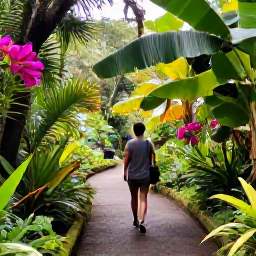 Caribbean Holidays, Martinique Wellness, Lush Martinique botanical garden with tropical plants, a shaded path and a peaceful visitor exploring the scenery